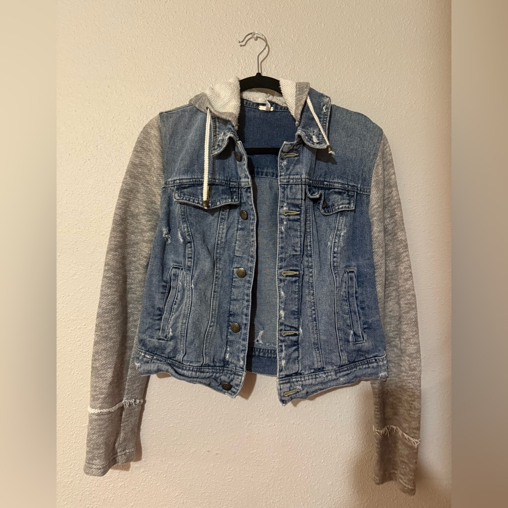 FREE PEOPLE KNIT SWEATSHIRT HOODED DENIM JACKET SMALL - Picture 2 of 4